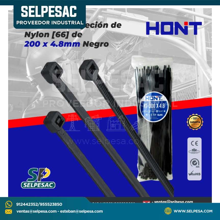 HONT- CINTILLO DE SUJECIÓN DE NYLON (66) DE 200 X 4.8 MM NEGRO