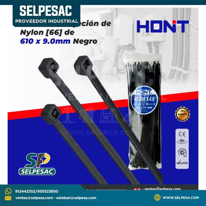 HONT- CINTILLO DE SUJECIÓN DE NYLON (66) DE 610 X 9.0MM NEGRO