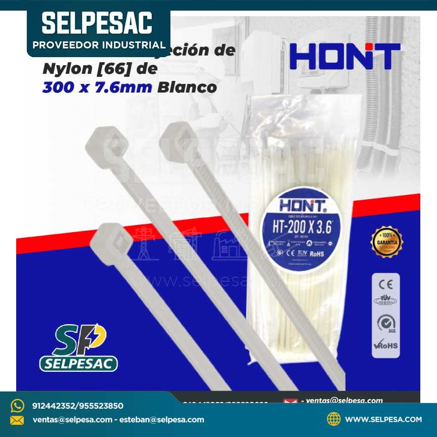 HONT- CINTILLO DE SUJECIÓN DE NYLON (66) DE 300 X 7.6 MM BLANCO