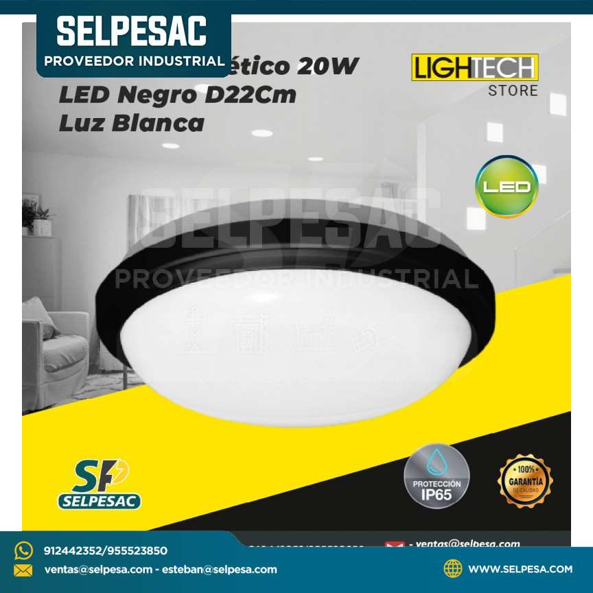LIGHTECH - PLAFÓN HERMÉTICO 20W LED NEGRO D22CM LUZ BLANCA