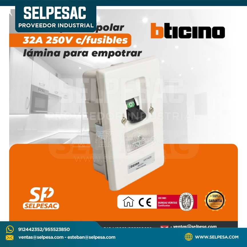 BTICINO - INTERRUPTOR BIPOLAR 32A 250V C- FUSIBLES LAMINA PARA EMPOTRAR