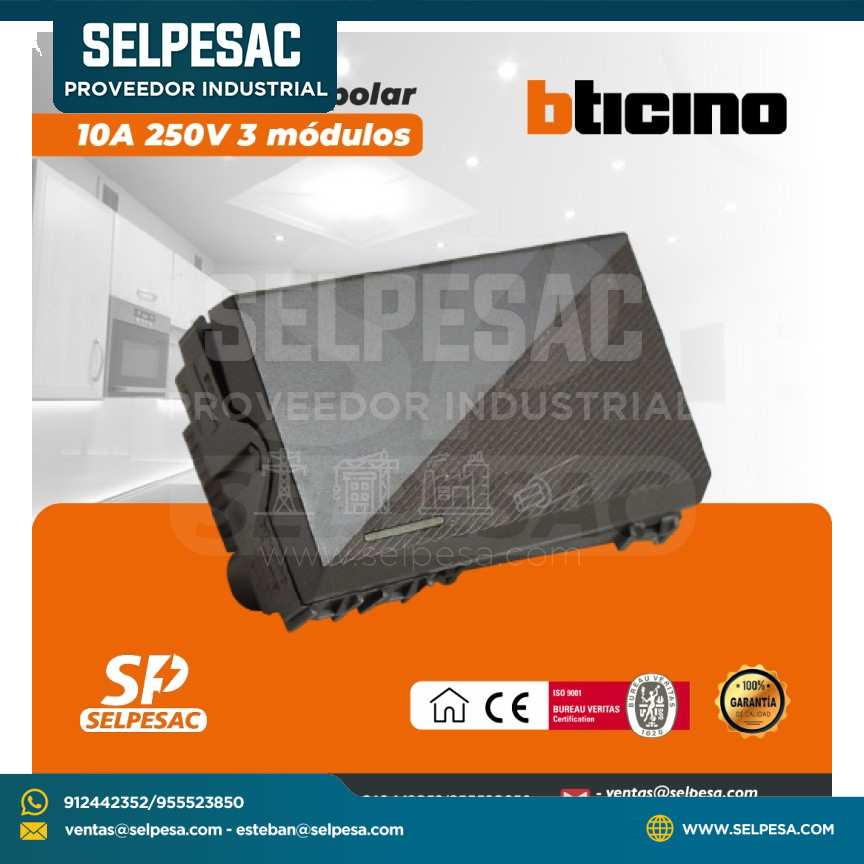 BTICINO - INTERRUPTOR UNIPOLAR 10A 250V 3 MÓDULOS