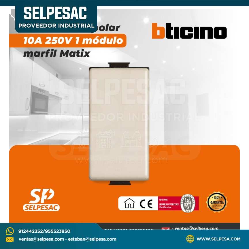 BTICINO - PULSADOR UNIPOLAR 10A 250V 1 MÓDULO MARFIL MATIX