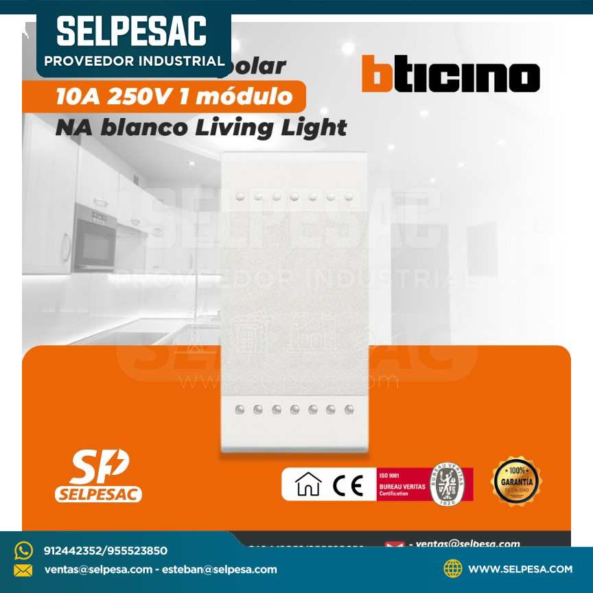 BTICINO - PULSADOR UNIPOLAR 10A 250V 1 MÓDULO NA BLANCO LIVNG LIGHT