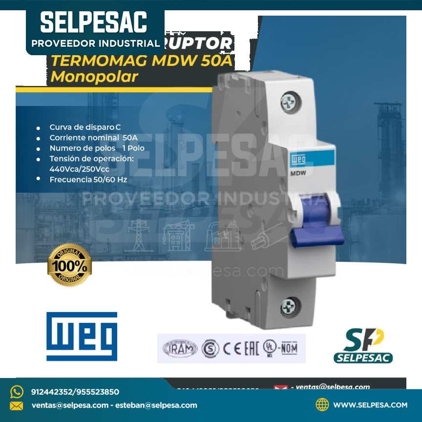 WEG - INTERRUPTOR TERMOMAGNETICO MDW 50A MONOPOLAR