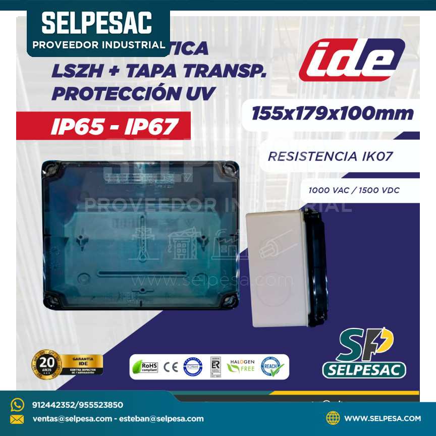 IDE ELECTRIC -CAJA PLÁSTICA LSZH + TAPA TRANSP. PROTECCIÓN UV IP65 - IP67 155x179 x100MM