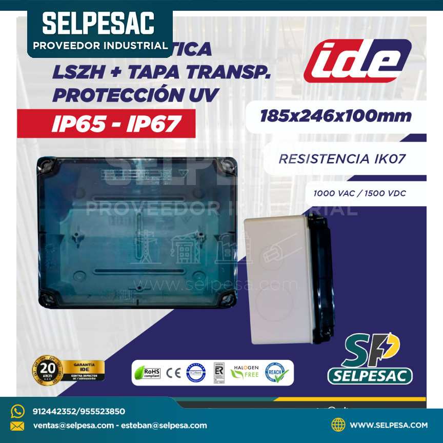 IDE ELECTRIC - CAJA PLÁSTICA LSZH + TAPA TRANSP. PROTECCIÓN UV IP65 - IP67 185x246x100MM