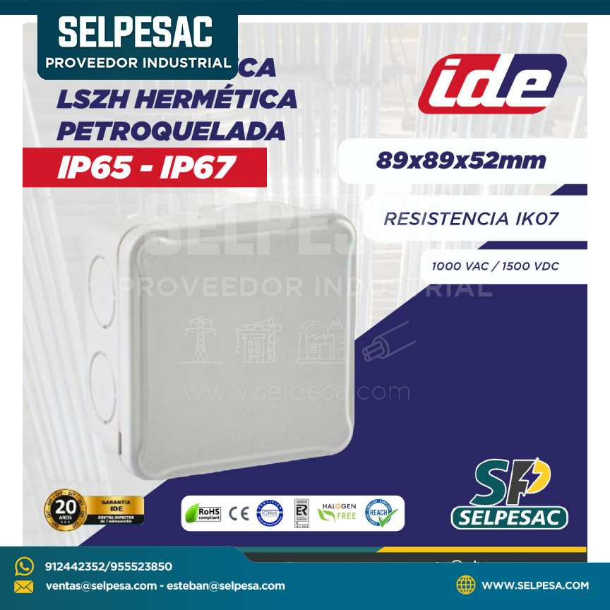 IDE ELECTRIC - CAJA PLÁSTICA LSZH HERMÉTICA IP65 - IP67 89x89x52MM