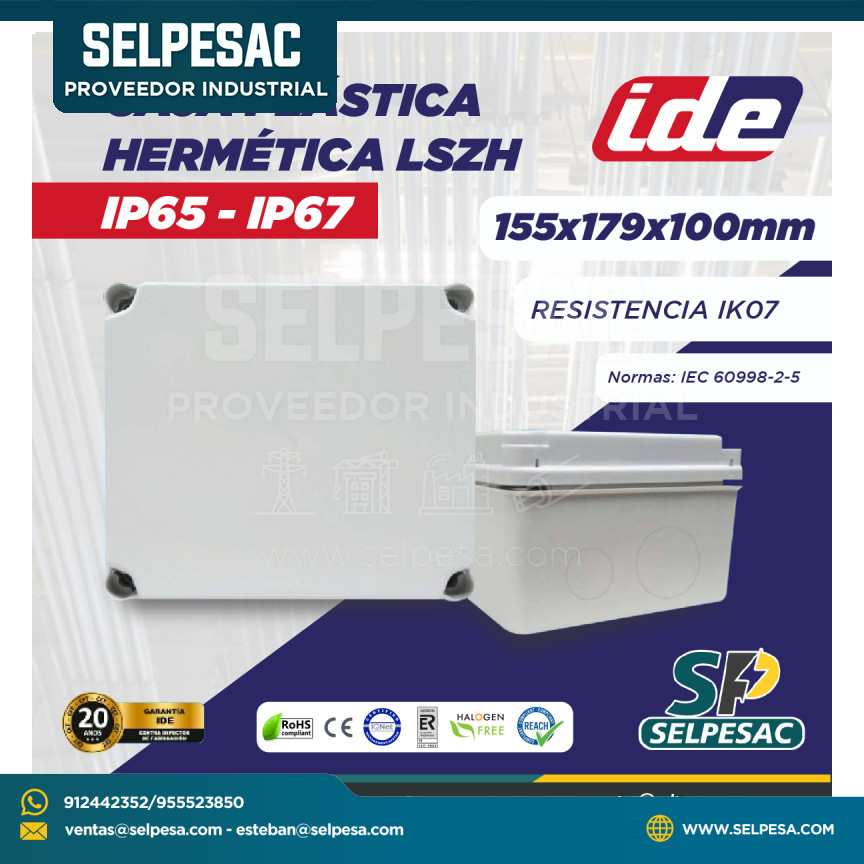 IDE ELECTRIC - CAJA PLÁSTICA LSZH HERMÉTICA IP65 - IP67 155x179X100MM