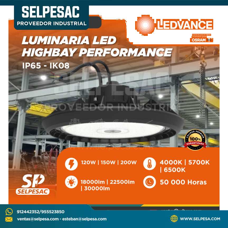 LEDVANCE - LUMINARIA LED HIGHBAY PERFORMANCE 120W 6500K 19200LM BIV 110 °