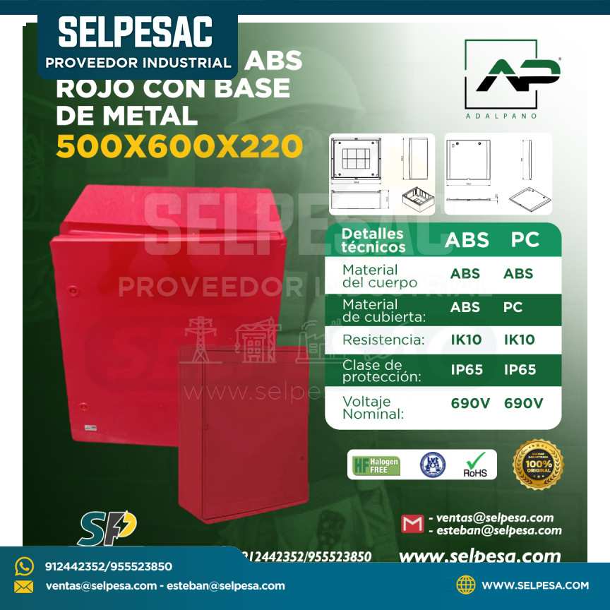 ADALPANO - TABLERO ABS ROJO CON BASE DE METAL 500X600X220 IP65