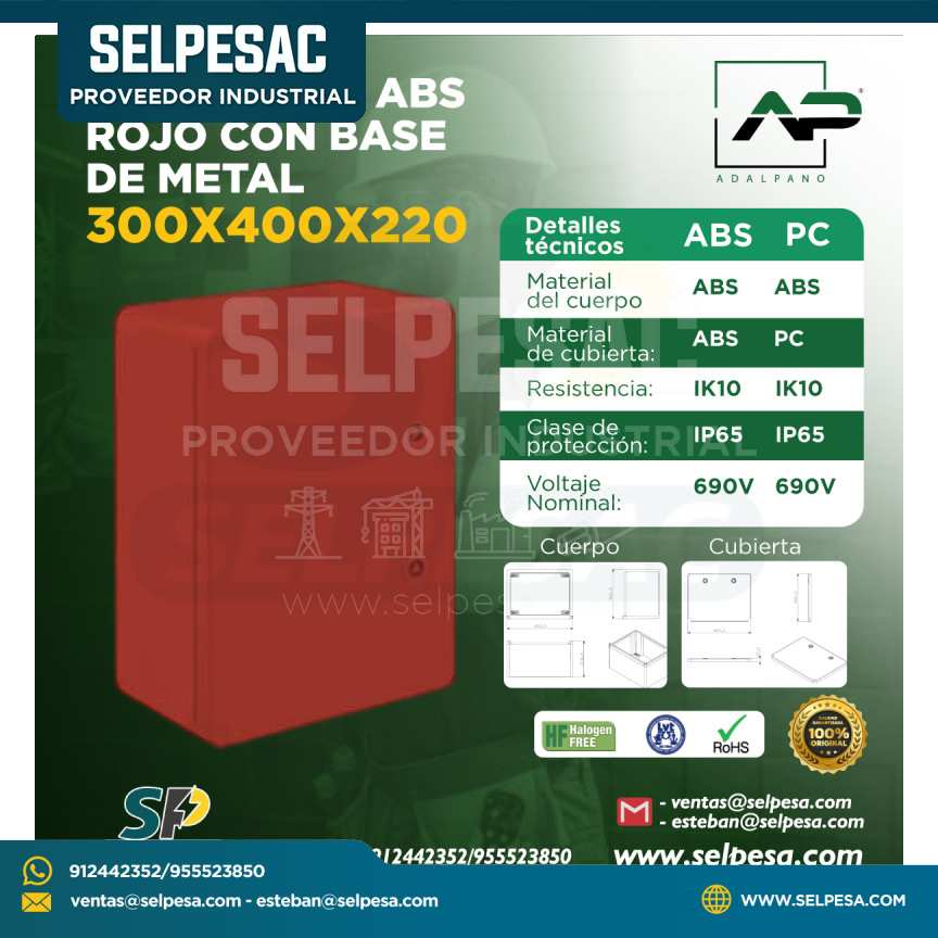 ADALPANO - TABLERO ABS ROJO CON BASE DE METAL 300X400X220 IP65
