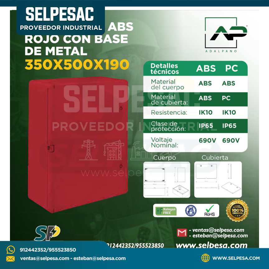 ADALPANO - TABLERO ABS ROJO CON BASE DE METAL 350X500X190 IP65