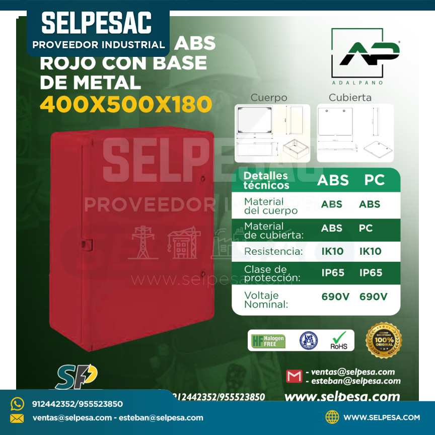 ADALPANO - TABLERO ABS ROJO CON BASE DE METAL 400X500X180 IP65