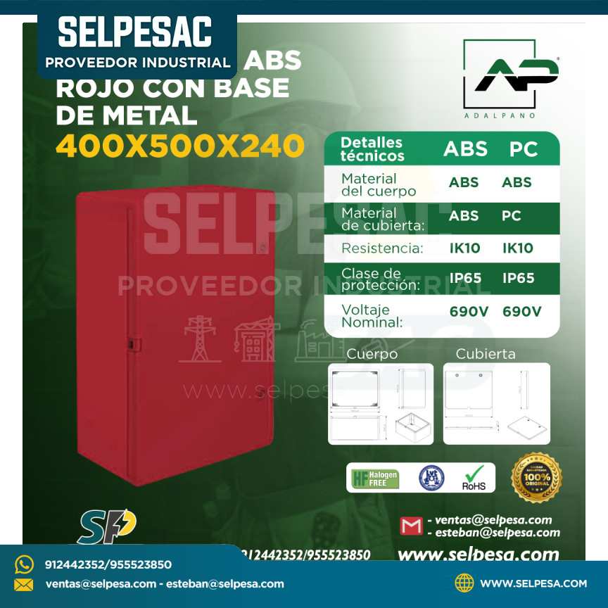 ADALPANO - TABLERO ABS ROJO CON BASE DE METAL 400X500X240 IP65