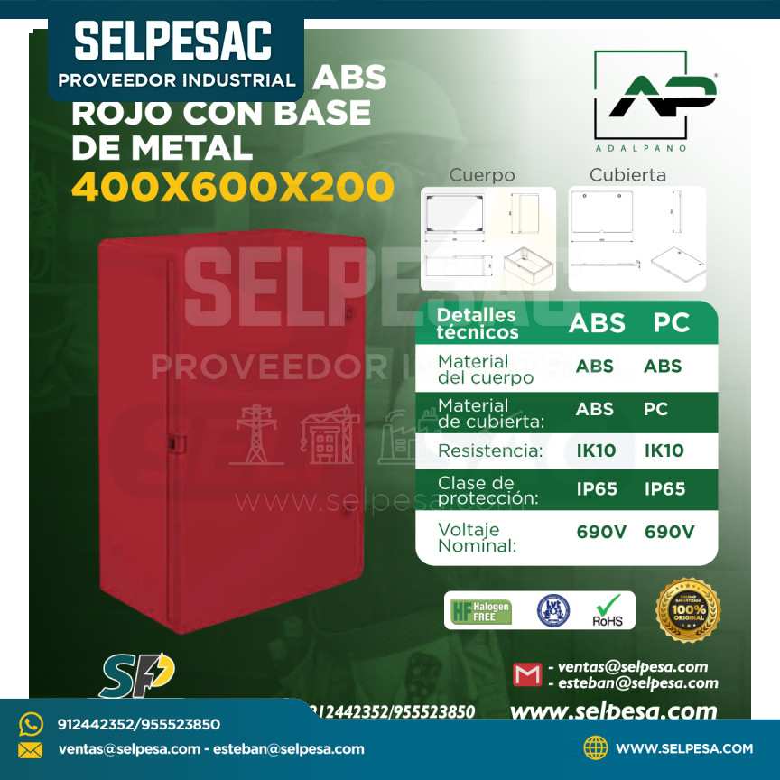 ADALPANO - TABLERO ABS ROJO CON BASE DE METAL 400X600X200 IP65
