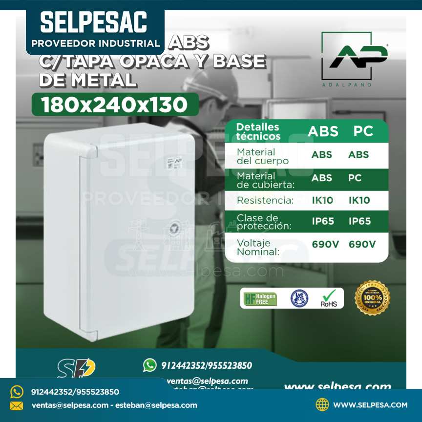 ADALPANO - TABLERO ABS CON TAPA OPACA Y BASE DE METAL 180x240X130