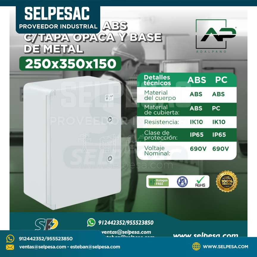 ADALPANO - TABLERO ABS CON TAPA OPACA Y BASE DE METAL 250X350X150