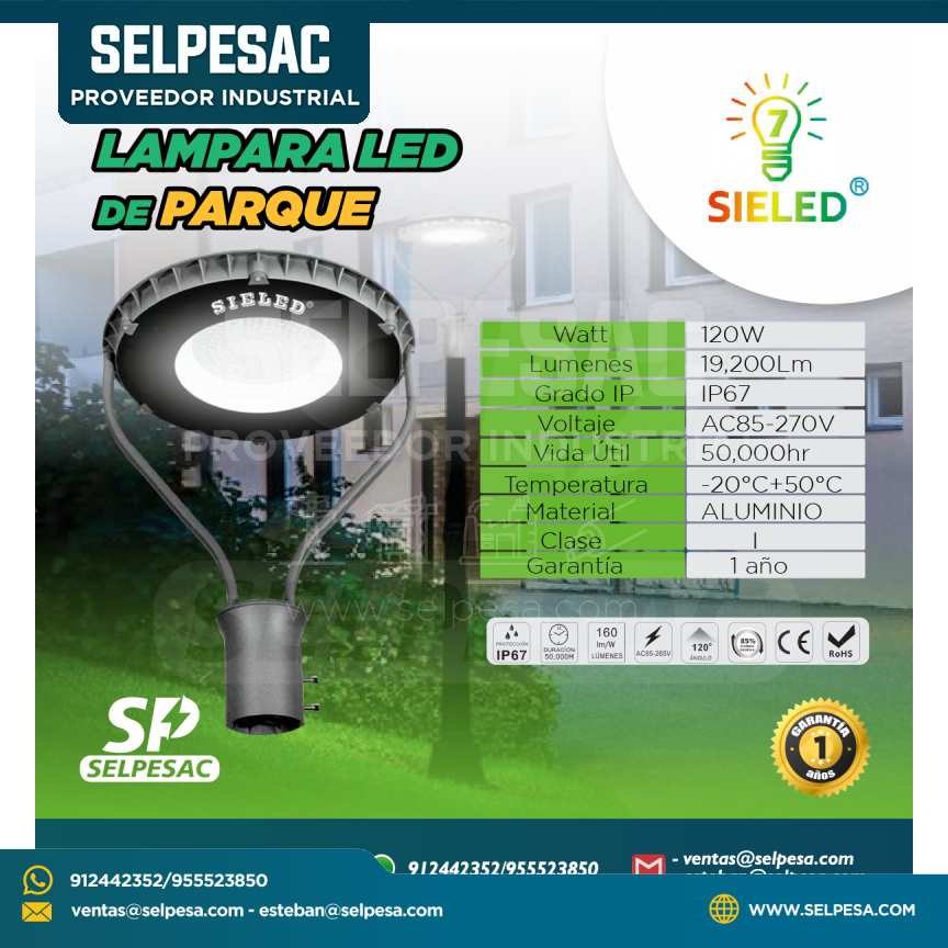SIELED - LAMPARA LED PARA PARQUE 120W 19,200 LUM, IP67
