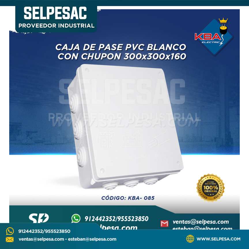KBA -  CAJA DE PASE PVC BLANCO CON CHUPON 300X300X160 (12´´x12´´x6´´) KBA-085