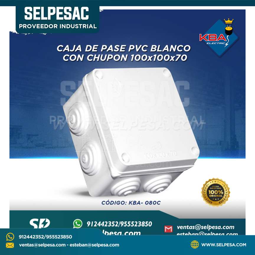 KBA - CAJA DE PASE PVC BLANCO CON CHUPON 100X100X70 (4´´x4´´x2´´) KBA-080C