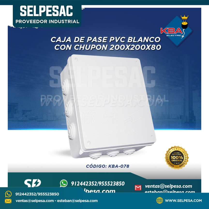 KBA - CAJA DE PASE PVC BLANCO CON CHUPON 200X200X80 KBA-078