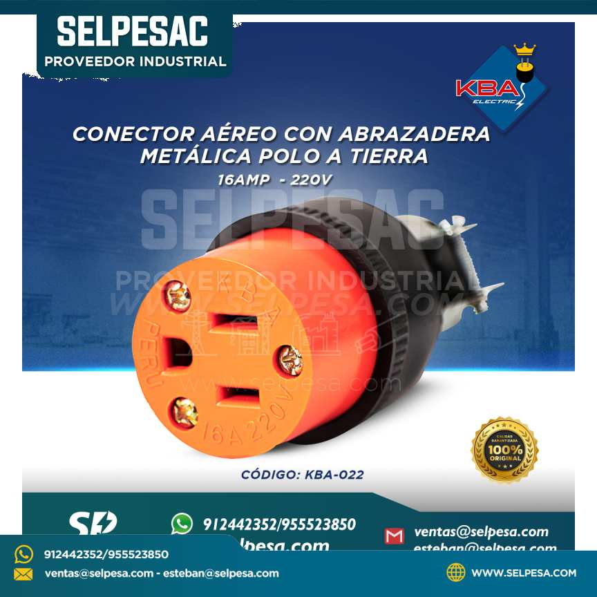 KBA - CONECTOR AÉREO CON ABRAZADERA METÁLICA POLO A TIERRA 16AMP 220V KBA-022