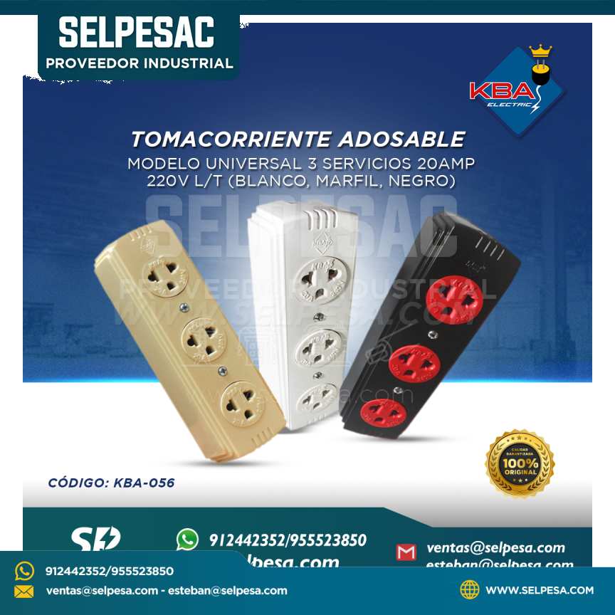 KBA - TOMACORRIENTE ADOSABLE MODELO UNIVERSAL 3 SERV. 20AMP 220V L/T KBA-056