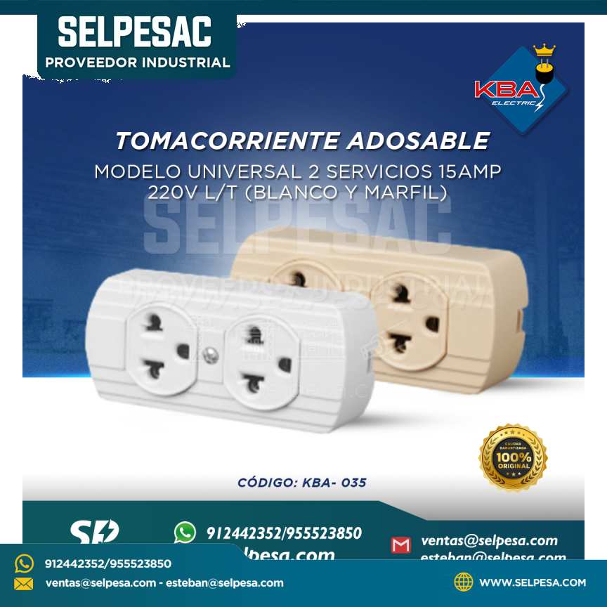 KBA - TOMACORRIENTE ADOSABLE MODELO UNIVERSAL 2 SERV. 15AMP 220V L/T KBA-035