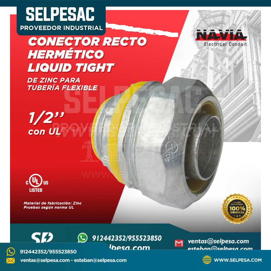 NAVIA CONDUIT - CONECTOR RECTO HERMÉTICO LIQUID TIGHT DE ZINC 1/2´´ CON UL