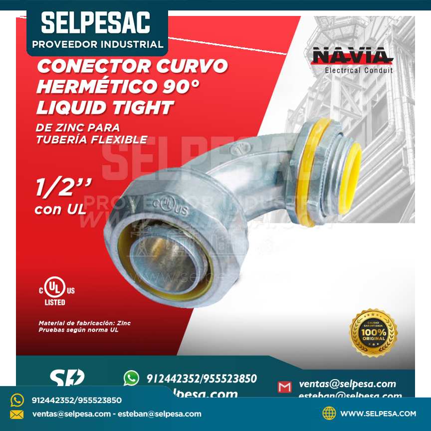 NAVIA CONDUIT - CONECTOR CURVO 90° HERMÉTICO LIQUID TIGHT DE ZINC 1/2´´ CON UL
