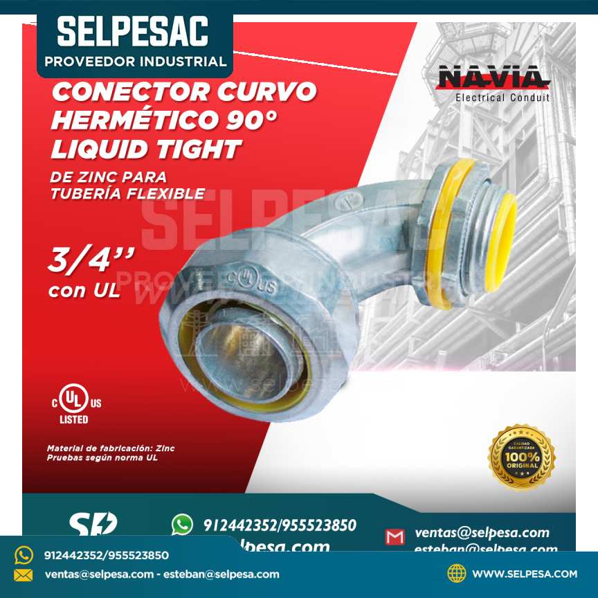NAVIA CONDUIT - CONECTOR CURVO 90° HERMÉTICO LIQUID TIGHT DE ZINC 3/4´´ CON UL