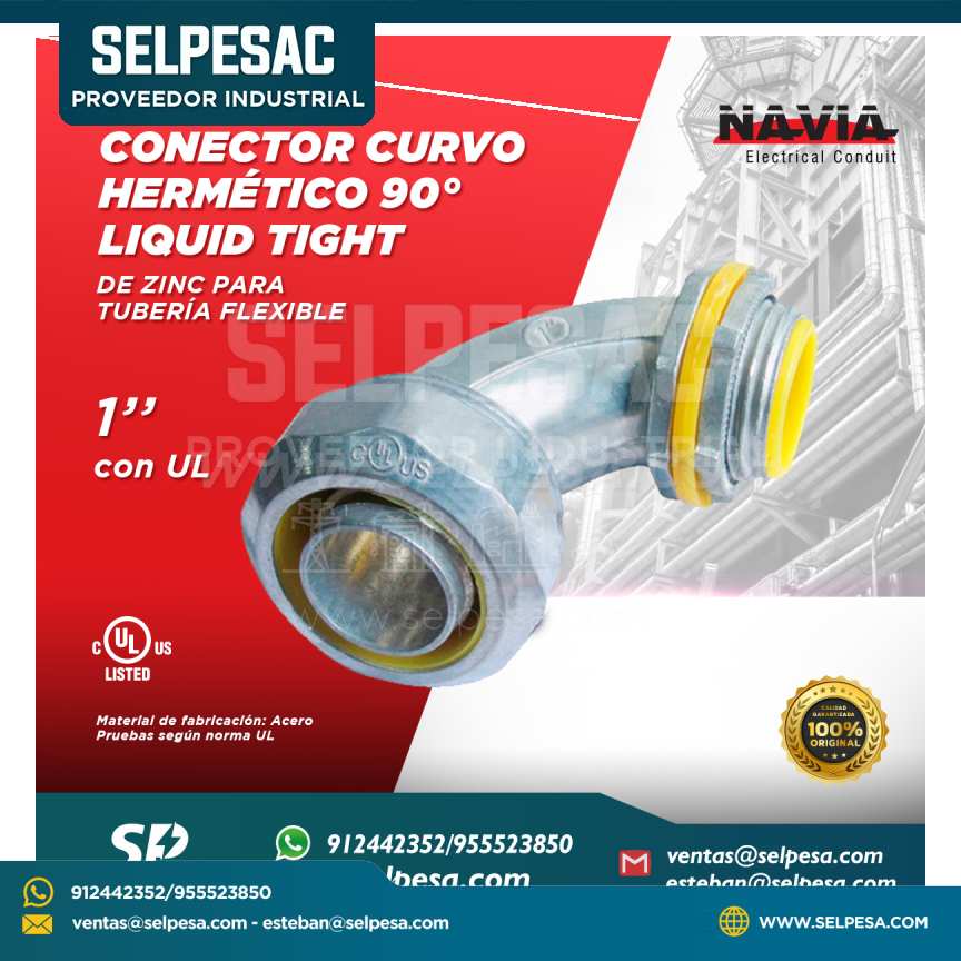 NAVIA CONDUIT - CONECTOR CURVO 90° HERMÉTICO LIQUID TIGHT DE ZINC 1´´ CON UL
