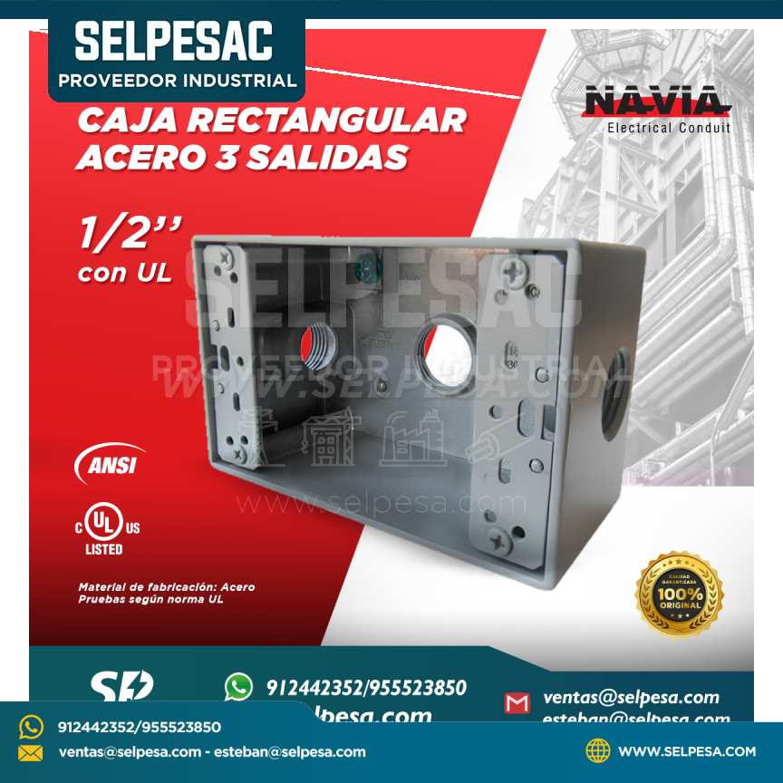 NAVIA CONDUIT - CAJA RECTANGULAR DE ACERO CON 3 SALIDAS 1/2´´ CON UL