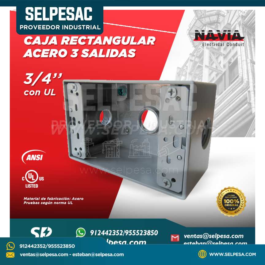 NAVIA CONDUIT - CAJA RECTANGULAR DE ACERO CON 3 SALIDAS 3/4´´ CON UL