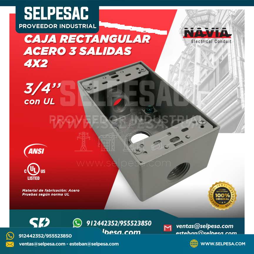 NAVIA CONDUIT - CAJA RECTANGULAR 4x2 RAWELT DE ACERO CON 3 SALIDAS 3/4´´ CON UL