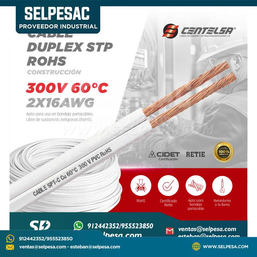 CENTELSA - CABLE DUPLEX STP ROHS 300V 60°C 2X16AWG
