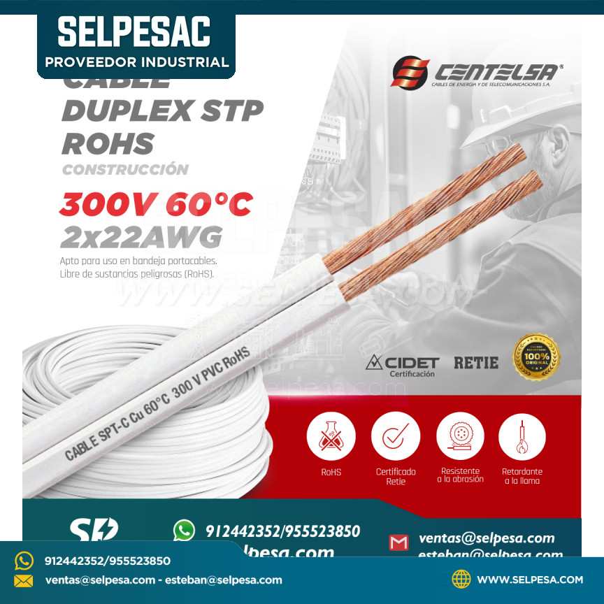 CENTELSA - CABLE DUPLEX STP ROHS 300V 60°C 2X22AWG
