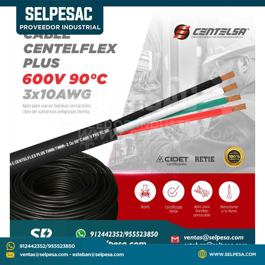 CENTELSA - CABLECENTELFLEX PLUS ROHS 600V 90°C 3X10AWG