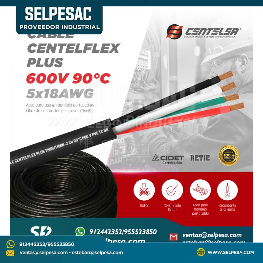 CENTELSA - CABLE CENTELFLEX PLUS ROHS 600V 90°C 5X18AWG