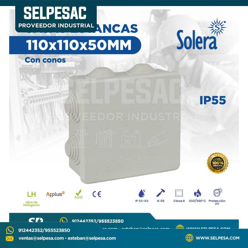 SOLERA - CAJAS DE PASE 110X110X50MM CON CONOS IP55 ROHS LIBRE DE HALÓGENO