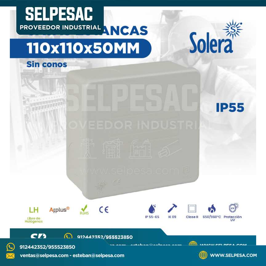 SOLERA - CAJAS DE PASE 110X110X50MM SIN CONOS IP55 ROHS LIBRE DE HALÓGENO