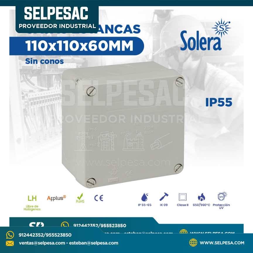 SOLERA - CAJAS DE PASE 110X110X60MM SIN CONOS IP55 ROHS LIBRE DE HALÓGENO