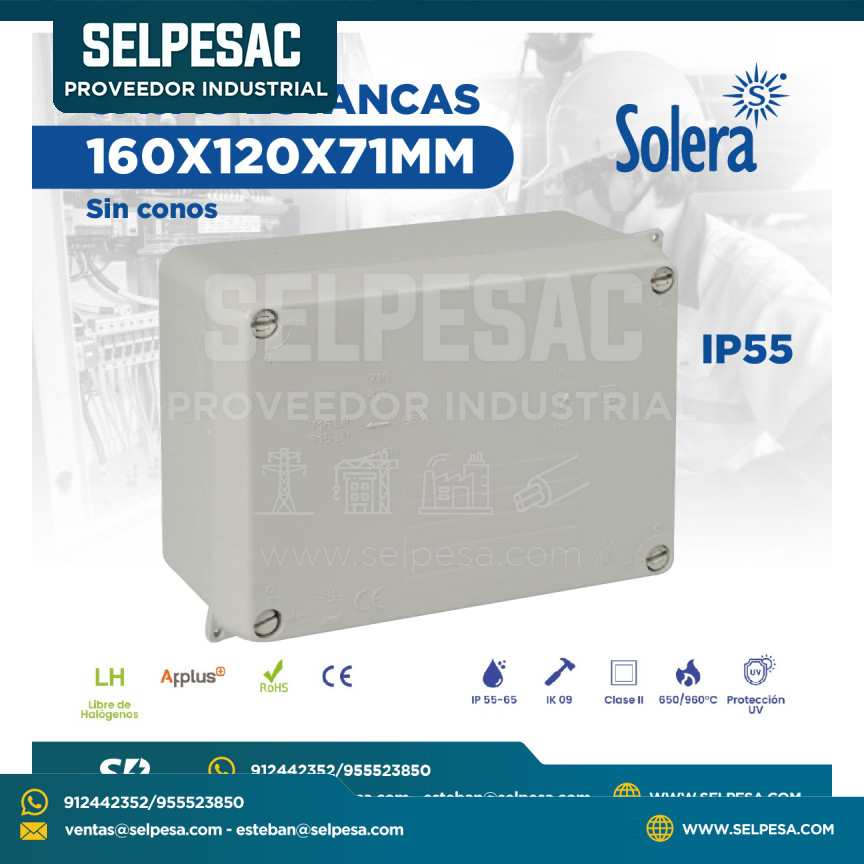 SOLERA - CAJAS DE PASE 160X120X71MM SIN CONOS IP55 ROHS LIBRE DE HALÓGENO