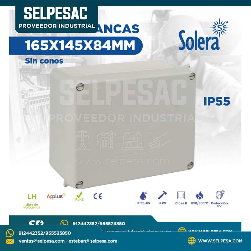 SOLERA - CAJAS DE PASE 165X145X84MM SIN CONOS IP55 ROHS LIBRE DE HALÓGENO