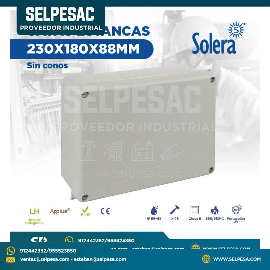 SOLERA - CAJAS DE PASE 230X180X88MM SIN CONOS IP55 ROHS LIBRE DE HALÓGENO