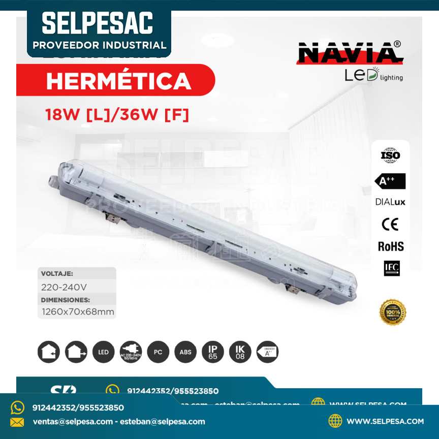 NAVIA - LUMINARIA HERMÉTICA 18W[L]/36W[F] 220-240V 6500K CE ROHS