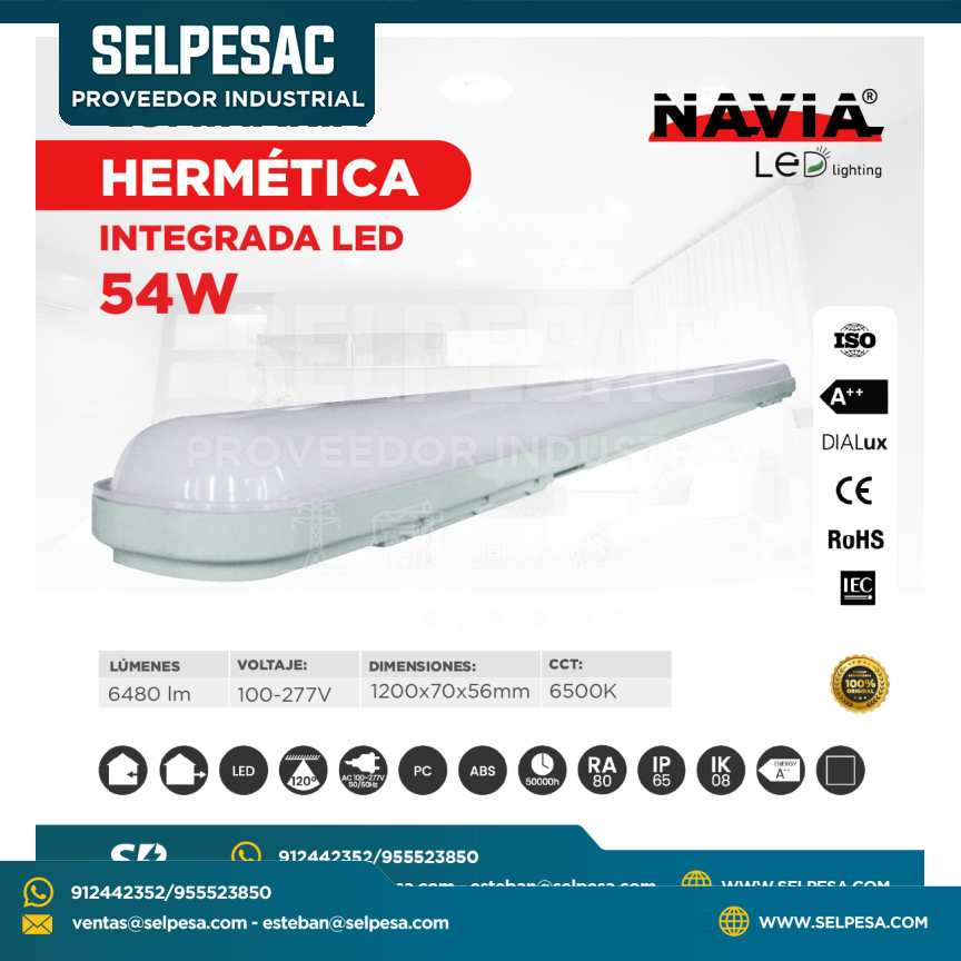 NAVIA - LUMINARIA HERMÉTICA LED INTEGRADA 54W 100-277V 6500K CE ROHS