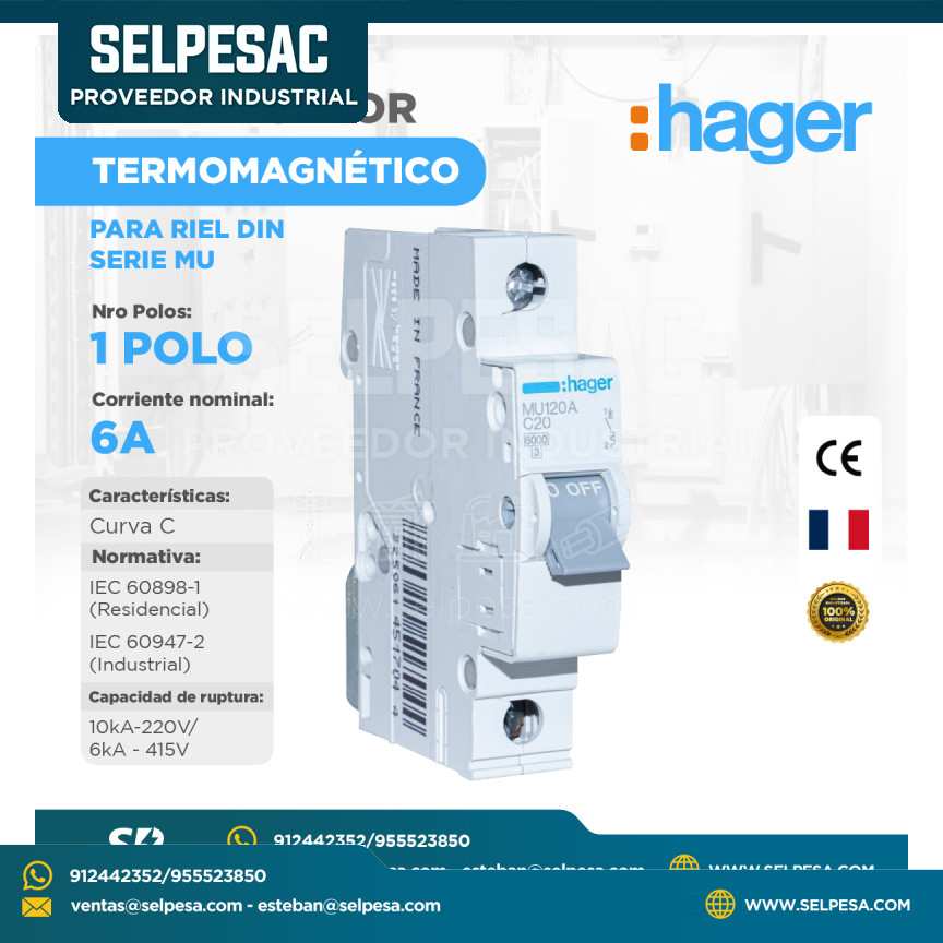HAGER - INTERRUPTOR TERMOMAGNÉTICO SERIE MU 1 POLO 6A CURVA C