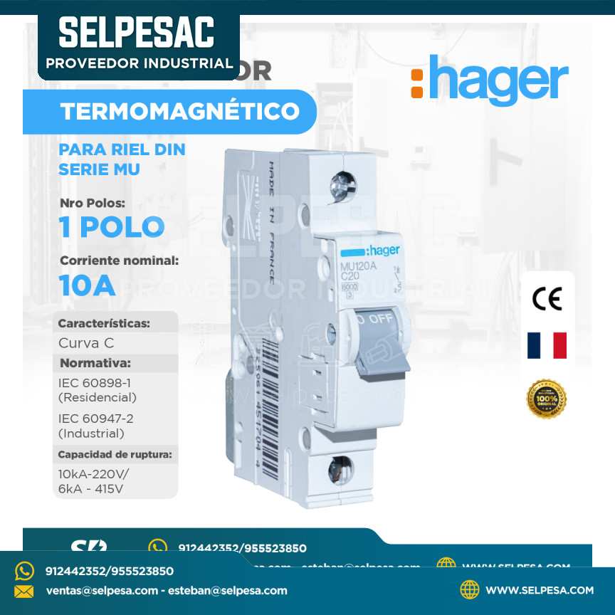 HAGER - INTERRUPTOR TERMOMAGNÉTICO SERIE MU 1 POLO 10A CURVA C